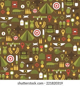 Seamless Pattern Of Flat Colorful  Military And War Icons Set. Army Infographic Design Elements. Illustration In Flat Style.