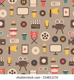 Seamless pattern of flat colorful movie design elements and cinema icons in flat style. Vector illustration. Background.