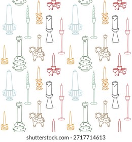 Patrón sin fisuras con velas de Navidades de contorno plano y candelabros decorativos. Diseño festivo de vacaciones con caballos, arcos y casas para envolver papel, estampados textiles de temporada o fondos