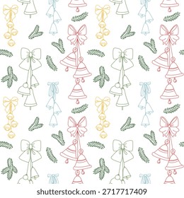 Patrón sin fisuras con Navidades de contorno plano campanas atadas con arcos y ramas de abeto. Diseño colorido del día de fiesta para el papel de envoltura decorativo, impresiones textiles estacionales, o fondos de la celebración