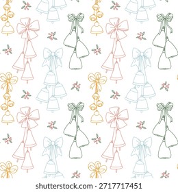Patrón sin fisuras con Navidades de contorno plano, racimos de campanas, arcos decorativos y bayas. Diseño colorido del día de fiesta para el papel de regalo festivo, impresiones textiles estacionales, o fondos de la celebración