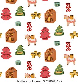 Patrón sin fisuras con Navidades de contorno plano juguetes, casas, caramelos y caballos. Diseño colorido del día de fiesta para el papel de envoltura decorativo, impresiones textiles estacionales, o fondos acogedores de la celebración