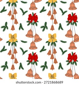 Seamless pattern with flat contour Christmas bells, decorative bows, and spruce branches. Festive holiday background for winter wrapping paper, textile prints, or seasonal graphic design