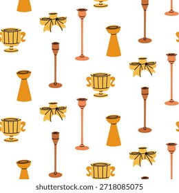 Patrón sin fisuras con candelabros dorados de contorno plano, soportes y arcos decorativos. Elegante diseño navideño para papel de regalo de Navidades, estampados textiles de temporada o fondos interiores