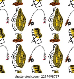 Seamless pattern flat contour and spot drawings of hiking, camping vector