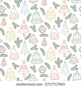 Patrón sin fisuras con contornos planos de campanas de Navidades y ramas de abeto. Diseño colorido del día de fiesta para el papel de envoltura decorativo, impresiones textiles estacionales, o fondos para las celebraciones del invierno