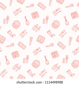 Seamless pattern with flat cosmetics icon. Vector wallpaper. Good for fabric, wrapping paper, print etc. 