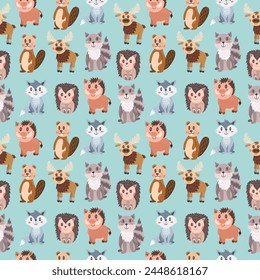 Seamless pattern with flat cute forest wild animals - boar, beaver, elk, hedgehog, raccoon and wolf. Cute baby print