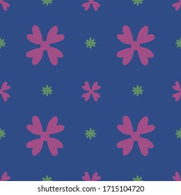 Seamless pattern flat design flowers, pink and green flowers blooming isolated  in blue background tile pattern design textures 