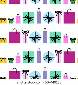 Seamless pattern. Flat design. Handbags, bags and boxes on white background. Gift packaging with ribbons. A set of vector elements for design. Vector icon.