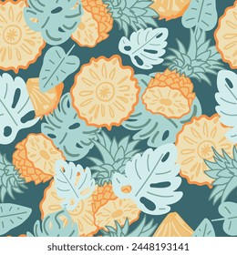 Seamless pattern flat design on dark background with pineapples