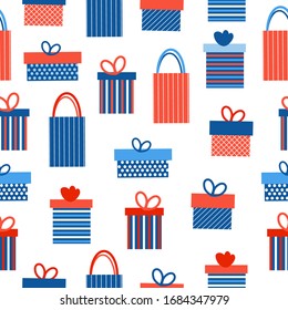 Seamless pattern with flat design presents and gifts. Blue and red colors repeated boxes on white background. Backdrop or wallpaper print. Gift bags collection