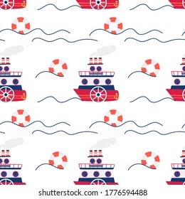 Seamless pattern of flat design ships and lifebuoy. Vector illustration on the marine theme with vessels for a boy. Cute image for baby shower, birthday, textile, wrapping paper and greeting cards.