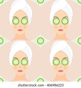 Seamless pattern flat design of a woman with mask of cucumber on her eyes. Vector illustration pattern