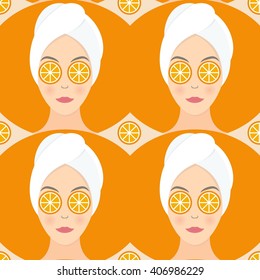 Seamless pattern flat design of a woman with mask of orange on her eyes. Vector illustration pattern