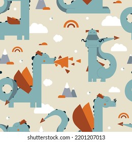 Seamless pattern with flat dragons - ornament for kids. Dragons fighting in the clouds. Seamless pattern for textile and decoration