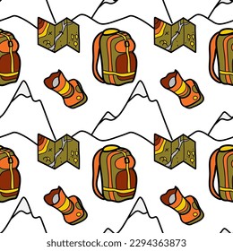 Seamless pattern flat drawings of hiking, camping vector