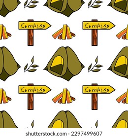 Seamless pattern flat drawings of hiking, camping vector