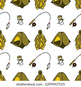 Seamless pattern flat drawings of hiking, camping