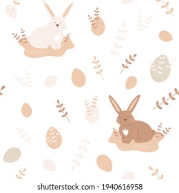 Seamless pattern with flat eggs, branches, cute bunny. Vector illustration for the Easter holiday. Gray, beige and brown design elements isolated on white background. Rabbit sitting on the ground.
