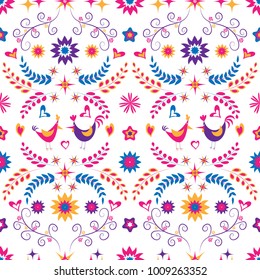 Seamless pattern with flat elements in folklore style: flowers, birds, hears.  Vector background