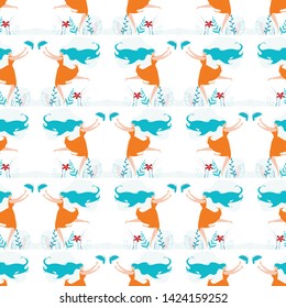 Seamless Pattern with Flat Female Silhouette. Cartoon Beautiful Girl Running on Field and Trying to Catch Butterfly. Repeat Illustration. Summer, Vacation and Rest Theme. Vector Endless Wallpaper