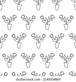 Seamless pattern with flat flower vases doodle outline vector