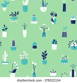 Seamless pattern with flat flowers and succulents. Vector collection of house plants. 