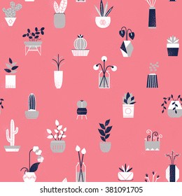 Seamless pattern with flat flowers and succulents. Vector collection of house plants.