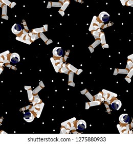 Seamless pattern Flat Funny flying astronaut in space with stars. Space print