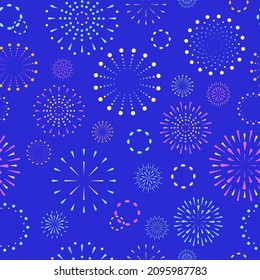 Seamless pattern with flat geometric Japanese style Hanabi fireworks. Gorgeous abstract traditional fireworks on blue background, Japanese pattern for print, fabric, background. Vector illustration.