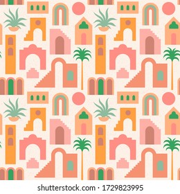 Seamless pattern with flat geometry architecture, Moroccan stairs, walls, arch, arc, palm tree. Boho style. Mid Century modern abstract print. Earthy tone, terracotta colors. Ancient orient city