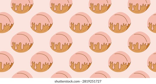 Seamless pattern with flat glazed croissant rolls on pink backdrop. Cute background with round French pastries. Sweet baked puff pastries. Suitable for prints, wrapping paper, banners, web design, etc