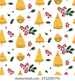 Padrão sem costura com sinos de Natal de ouro liso com ramos holly e berry. Um fundo festivo para papel de embrulho de inverno, impressões têxteis, papel de parede ou design gráfico sazonal.