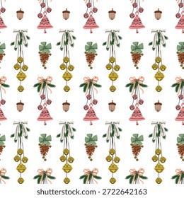 Padrão contínuo com sinos de Natal de ouro plano, arcos decorativos e ramos de abeto com bolotas. Um fundo festivo para papel de embrulho de inverno, impressões têxteis ou design gráfico sazonal.