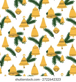 Padrão contínuo com sinos de Natal de ouro plano e ramos verdes da árvore de Natal. Um fundo festivo para papel de embrulho de inverno, impressões têxteis, papel de parede ou design gráfico sazonal.