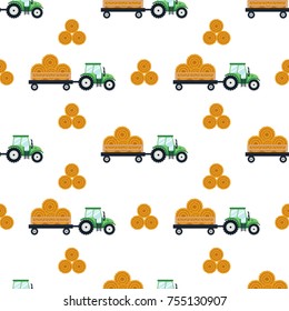 Seamless pattern flat green tractor with a cart hay. The agricultural machinery transports for farm with haystack - vector illustration