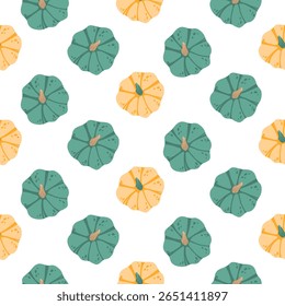 Seamless pattern with flat green and yellow pumpkins viewed from above on white background. Perfect for autumn-themed designs, fabric prints, wrapping paper, kitchen textiles, packaging, and scrapbook