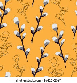 Seamless pattern with flat hand drawn willow tree twigs isolated on orange background.Vector nature illustration.Easter illustration.It can be used for decoration of textile, paper and other surfaces.