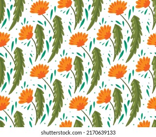 Seamless pattern with flat hand drawn dandelions with foliage on white background with dots and foliage. Vector natural texture with flowers. Botanical fabric swatch with wildflowers