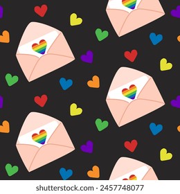 Seamless pattern with flat hearts and envelopes in rainbow colors. Pride and equality concept. LGBTQ community symbols. Vector hand drawn elements on black background