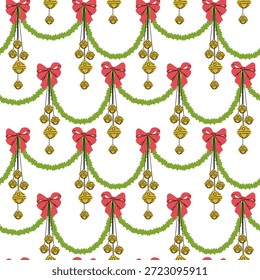Seamless pattern with flat holiday tinsel, Christmas bells, and bows. Holiday background for winter wrapping paper, holiday textile prints, wallpaper, or seasonal graphic design.