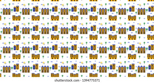 Seamless pattern. Flat houses, trees, clouds, sun on a white background. Vector.