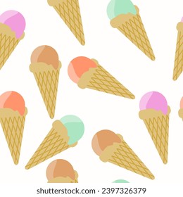 Seamless pattern with flat ice cream in many colours. Simple pattern for background, wallpaper, textile, wrapping paper, etc