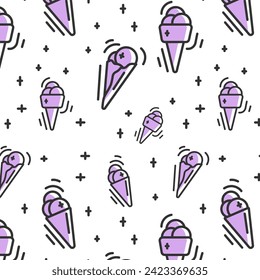 Seamless pattern with flat ice cream icon in black and purple colors 