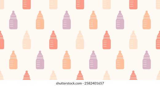 Seamless pattern with flat icons of baby bottles for milk and food. Child nutrition, drink for infants and newborn kids in plastic or glass bottles with pacifier and ruler scale, vector background