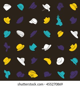 Seamless pattern with flat icons of head wear. Pattern for packaging and clearance head wear store.