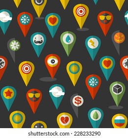 Seamless pattern of flat icons location. Vector collection in retro style. Vintage sign.