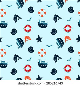 Seamless pattern  of flat icons marine life on a light blue background. Vector illustration.