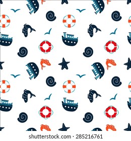 Seamless pattern  of flat icons marine life on a white background. Vector illustration.